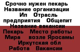 Срочно нужен пекарь › Название организации ­ Ип › Отрасль предприятия ­ Общепит › Название вакансии ­ Пекарь › Место работы ­ Мира 11,возле Яросамы - Иркутская обл. Работа » Вакансии   